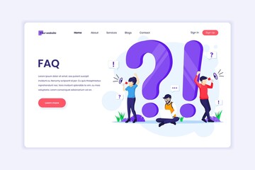 Wall Mural - landing page design concept of frequently asked question or faq concept with people work near big ex