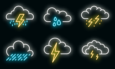 Poster - Thunderstorm icons set. Outline set of thunderstorm vector icons neon color on black