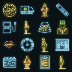 Wall Mural - Pregnant icons set. Outline set of pregnant vector icons neon color on black
