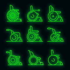 Poster - Wheelchair icons set. Outline set of wheelchair vector icons neon color on black