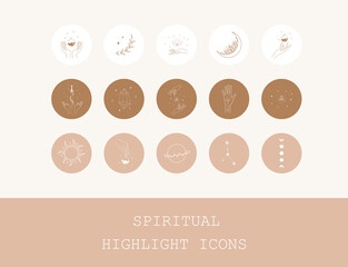 Wall Mural - Spiritual highlight covers for social media. Esoteric and occult icons. Hands with sword, potions, moon and stars. Bohemian logo in linear style for cosmetics or beauty products, tattoo, jewelry store