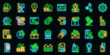 Investor icons set. Outline set of investor vector icons neon color on black