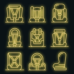 Wall Mural - Baby car seat icons set. Outline set of baby car seat vector icons neon color on black