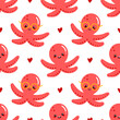 Cute smiling red baby octopus and hearts cartoon style characters seamless pattern background for sea life design. 