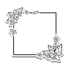 Black line flowers leaves cross square on 2 white silhouette and gray shadow. Vector illustration for decorate logo, text, greeting cards and any design.