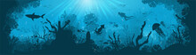 Silhouette Of Coral Reef With Fish And Scuba Diver On A Blue Sea Background. Underwater Marine Wildlife. Nature Vector Illustration.
