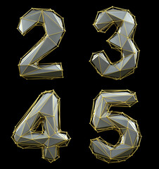 Number set 2, 3, 4, 5 made of silver color glass. Collection symbols of gold low poly style silver color glass isolated on black background 3d