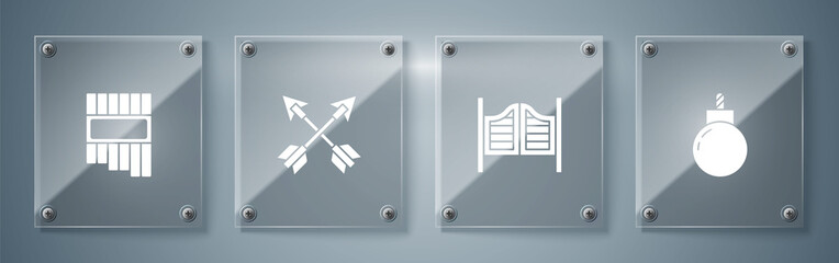 Canvas Print - Set Bomb ready to explode, Saloon door, Crossed arrows and Pan flute. Square glass panels. Vector