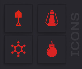 Canvas Print - Set Bomb ready to explode, Shovel, Camping lantern and Hexagram sheriff icon. Vector