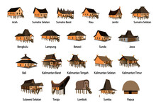 Set Of Icons Of Traditional Houses From Indonesia, Rumah Adat Daerah
