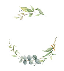 Wall Mural - Watercolor vector wreath of green eucalyptus branches and leaves.