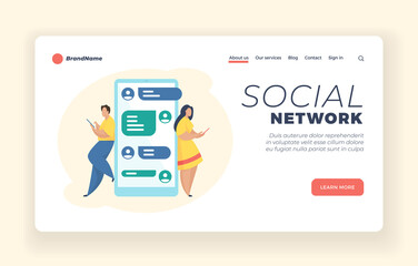 Wall Mural - social network messaging service landing page website banner template. male and female cartoon chara