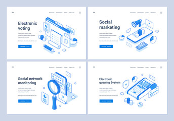 Wall Mural - set of blue and white vector illustrations of banners advertising various online electronic services