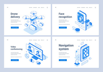 Wall Mural - set of blue and white vector illustrations of banners advertising various electronic services and ap