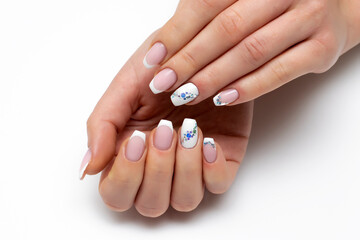 Wall Mural - Gel nail design, classic manicure on the form of a bolero with a white track of crystals on long nails. White jacket. Wedding design.