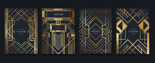 Gold and Luxury Invitation card design vector. Abstract geometry frame and Art deco pattern background. Use for wedding invitation, cover, VIP card, print, poster and wallpaper. Vector illustration.