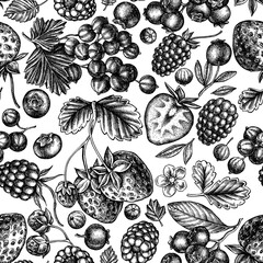 Wall Mural - Seamless pattern with black and white strawberry, blueberry, red currant, raspberry, blackberry