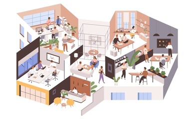 Inside large office with different rooms, work areas and spaces. Modern workspace interior with people. Company as big organism concept. Colored flat graphic vector illustration isolated on white