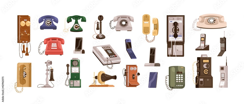 Vintage telephones and modern mobile phones set. Old antique analog devices for communication. Desktop rotary, radiophone and cellphone. Colored flat vector illustration isolated on white background - obrazy, fototapety, plakaty 