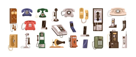 vintage telephones and modern mobile phones set. old antique analog devices for communication. deskt