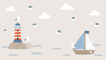 Summer Background Design With Lighthouse, Sailboat, And Seagulls In Cartoon Style. Nautical Background For Social Media Header, Web Banner, Wallpaper, Video Title, And More.