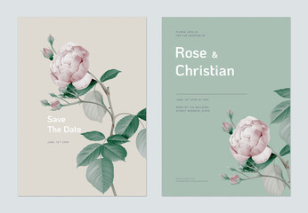 Wall Mural - floral wedding invitation card template design, vintage pink rose with leaves on brown and green