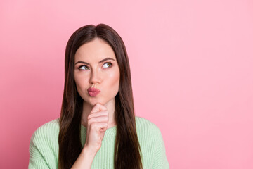 Canvas Print - Photo of adorable person arm on chin look empty space decide find out wear sweater isolated on pink color background