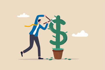 Make profit from investment, earning money, stock capital gain or dividends, growth savings or wealth concept, happy businessman cutting leaves on growing green dollar plant investment tree.