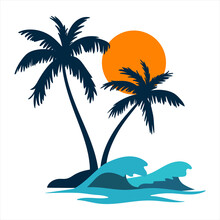 Isolated Coconut Palm Tree Sun And Wave On White Background. Vector Design Illustration.