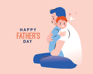 Happy Father's Day greeting card with a daddy carrying his son. Vector illustration in a flat style.