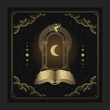 Ancient Books With Gates And Crescent Moons In Engraving, Hand Drawn, Luxury, Esoteric, Boho Style, Fit For Paranormal, Tarot Reader, Astrologer Or Tattoo