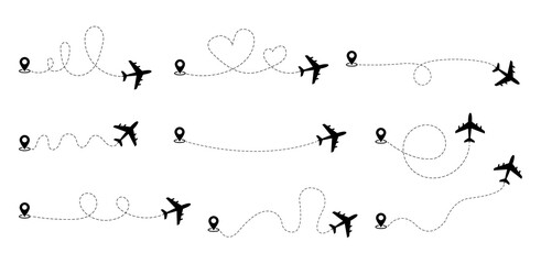 Airplane line path collection.Airplane track to point.Airplane path in dotted line shape. Plane way icon set. Travel and adventure concept. Adventure tourism. Travel line vector icons.Location.