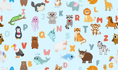  Seamless pattern with english alphabet with cute animals isolated on blue background. Vector illustration for teaching children learning a foreign language.