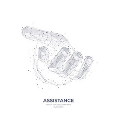 Poster - Digital 3d hand giving or taking something. Abstract human arm isolated in white. Assistance, social aid or hand gesture concept. Low poly mesh wireframe with connected dots. Vector sketch drawing 