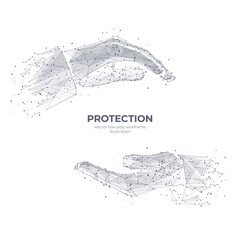 Poster - Two human hands protecting or holding something. Abstract vector arm, palm wireframe isolated in white. Protection hand gesture concept. Digital sketch drawing. Low poly wireframe with connected dots
