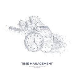 Poster - 3d hand holding clock or stopwatch isolated in white. Time management, planning, life control or business concept. Abstract low poly mesh wireframe with connected dots. Digital vector sketch drawing