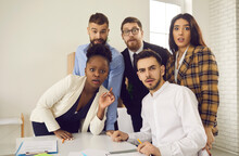 Group Portrait Of Flabbergasted Confused Business People. Team Of Corporate Employees Shocked, Baffled And Afraid Of Financial Scam, Awkward Mistake, Bad Result Or Different Unexpected Work Situations