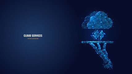 Aufkleber - Digital hand holding cloud with two arrows up and down in dark blue. Cloud services, technology, computing, data storage concept. Abstract vector low poly wireframe with dots, lines, shapes and stars 