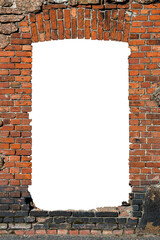 Wall Mural - old red brick wall with hole isolated on white background in the middle