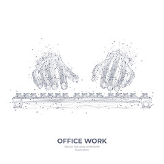 Leinwandbilder - Digital 3d human hands typing on computer or laptop keyboard. Office work, workplace or business concept. Abstract vector wireframe isolated in white. Low poly sketch drawing with dots and lines 