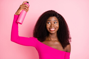 Sticker - Photo of lady hold bottle use spray wavy hairdo wear top unclothed shoulders isolated pink color background