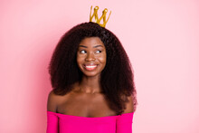 Photo Of Charming Girl Look Empty Space Wear Crown Top Uncovered Shoulders Isolated Pink Color Background