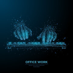 Poster - Digital 3d human hands typing on computer or laptop keyboard in dark blue. Office work, workplace or business concept. Abstract vector low poly wireframe with dots, lines, stars and flying shapes 