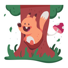 Squirrel In Tree Hollow Vector Cartoon Illustration Isolated On A White Background.