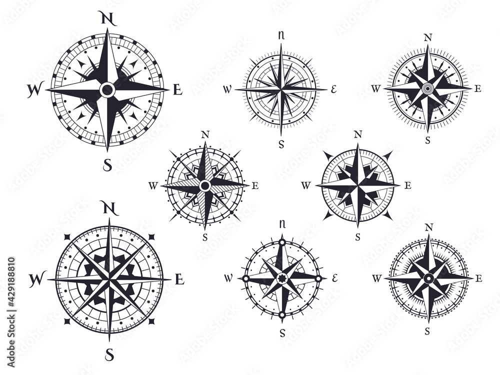 Retro compass. Wind rose nautical direction icons with cardinal points, vintage map compasses elements vector isolated set. Traveling around world, different isolated expedition equipment - obrazy, fototapety, plakaty 