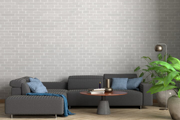 Wall Mural - Blank white brick wall of loft living room mock up.