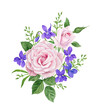 Watercolor vintage bouquet of delicate roses and violets