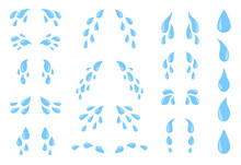 Cartoon Tears. Sweat Or Crying Fluid, Falling Blue Water Drops. Raindrops Isolated Vector Set For Sorrowful Character Weeping Expression. Wet Grief Droplets, Emotional Blobs And Drips