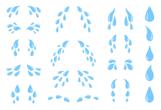 cartoon tears. sweat or crying fluid, falling blue water drops. raindrops isolated vector set for so
