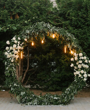 Beautiful Wedding Arch With Retro Lights Decorated With Night Flowers, Newlyweds ' Night Reception Area